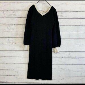 Mllia Color Block Knit Dress Long Sleeve V-Neck Elegant Black